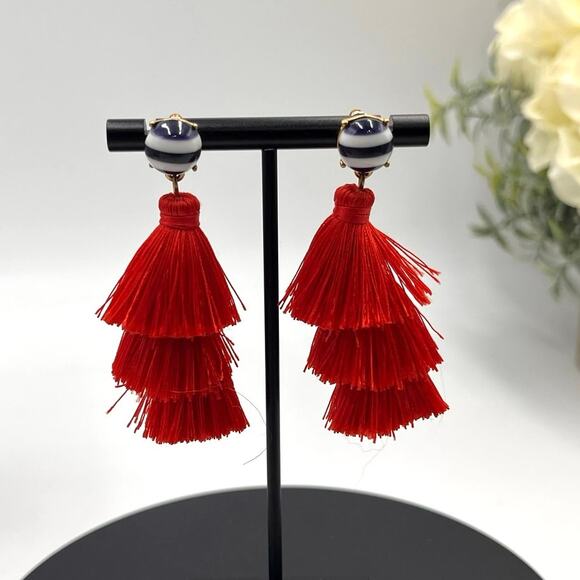 J. Crew Blue White Striped Three Tier Red Tassel Earrings - Picture 1 of 8
